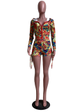 Cyan Sexy Print Patchwork Hooded Collar Long Sleeve Two Pieces