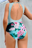 blauw roze mode sexy print bandage patchwork backless swimwears (met vullingen)