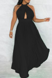 Zwarte elegante effen patchwork rugloze vouw halter rechte jurken