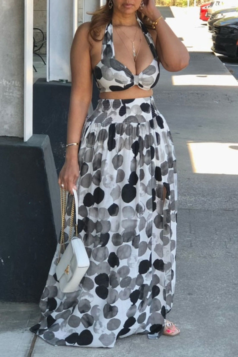 

Black Sexy Vacation Print Split Joint Slit Halter Sleeveless Two Pieces