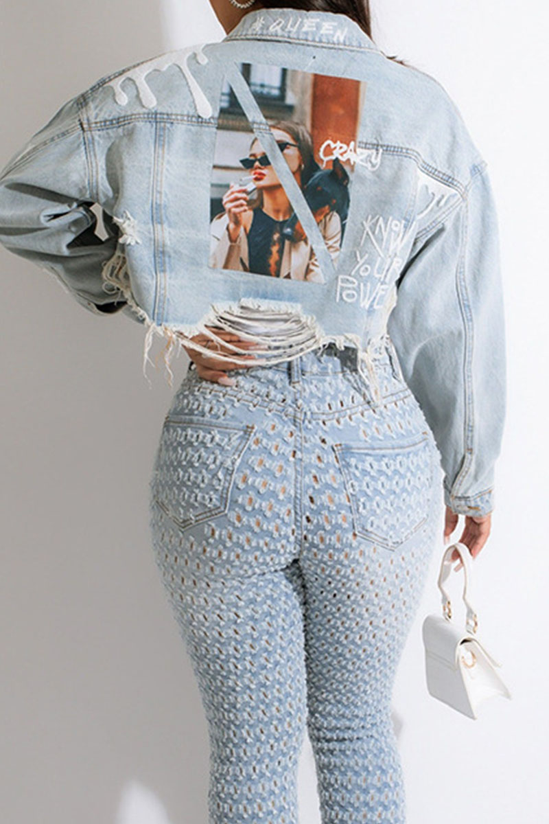 

Blue Orange Street Print Make Old Split Joint Buckle Turndown Collar Long Sleeve Straight Denim Jacket