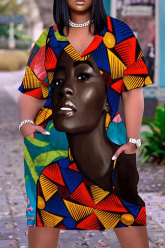 Red Blue Fashion Print Pocket V Neck Straight Dresses