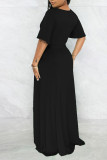 Zwart casual effen patchwork asymmetrische V-hals rechte jurken