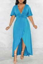 Blauwe casual effen patchwork asymmetrische rechte jurken met V-hals