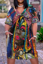 Многоцветный модный принт с карманом V-образным вырезом Прямые платья