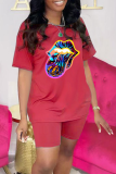 Purple Fashion Lips Printed Patchwork O Neck Short Sleeve Two Pieces
