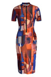 Многоцветное модное повседневное платье с коротким рукавом и воротником на молнии с принтом