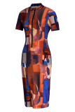 Многоцветное модное повседневное платье с коротким рукавом и воротником на молнии с принтом