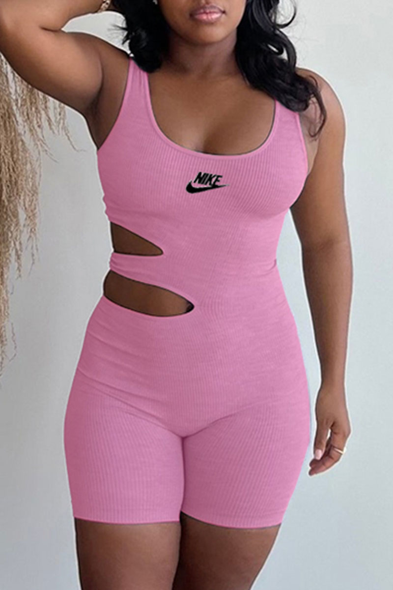 

Pink Fashion Sportswear Print Hollowed Out U Neck Jumpsuits