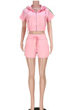 Abbigliamento sportivo casual rosa Solido patchwork colletto con cappuccio manica corta due pezzi