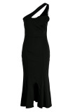 Schwarze sexy feste Patchwork-Volant-Kleider mit asymmetrischem Kragen