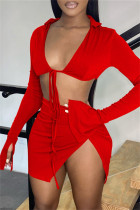 Red Fashion Sexy Solid Bandage Slit V Neck Long Sleeve Two Pieces