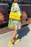 Yellow Casual Print Patchwork Buckle Turndown Collar A Line Dresses