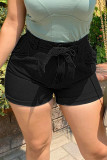 Zwarte mode, casual effen patchwork, normale hoge taille, conventionele effen kleur, grote maten denim shorts