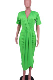 Groene casual effen patchwork vouw asymmetrische V-hals jurken