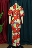Multicolor Fashion Casual Print Slit V Neck Long Dress