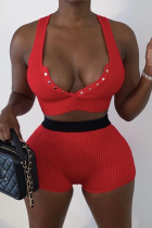 Red Sexy Solid Buckle V Neck Sleeveless Two Pieces