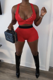 Red Sexy Solid Buckle V Neck Sleeveless Two Pieces
