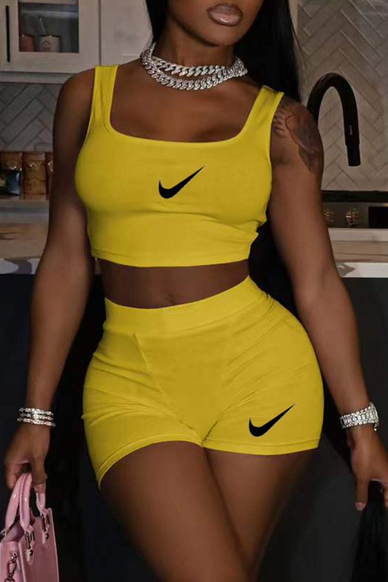 

Yellow Fashion Casual Print Split Joint Square Collar Sleeveless Two Pieces