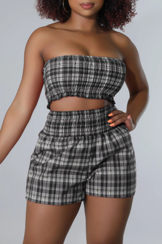 Black Casual Plaid Print Split Joint Strapless Sleeveless Two Pieces