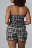 Tangerine Red Casual Plaid Print Patchwork Strapless Sleeveless Two Pieces