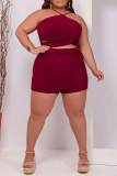 Tangerine Red Sexy Solid Fold Halter Plus Size Two Pieces