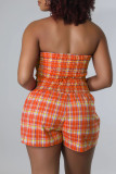 Rose Red Casual Plaid Print Patchwork Strapless Sleeveless Two Pieces