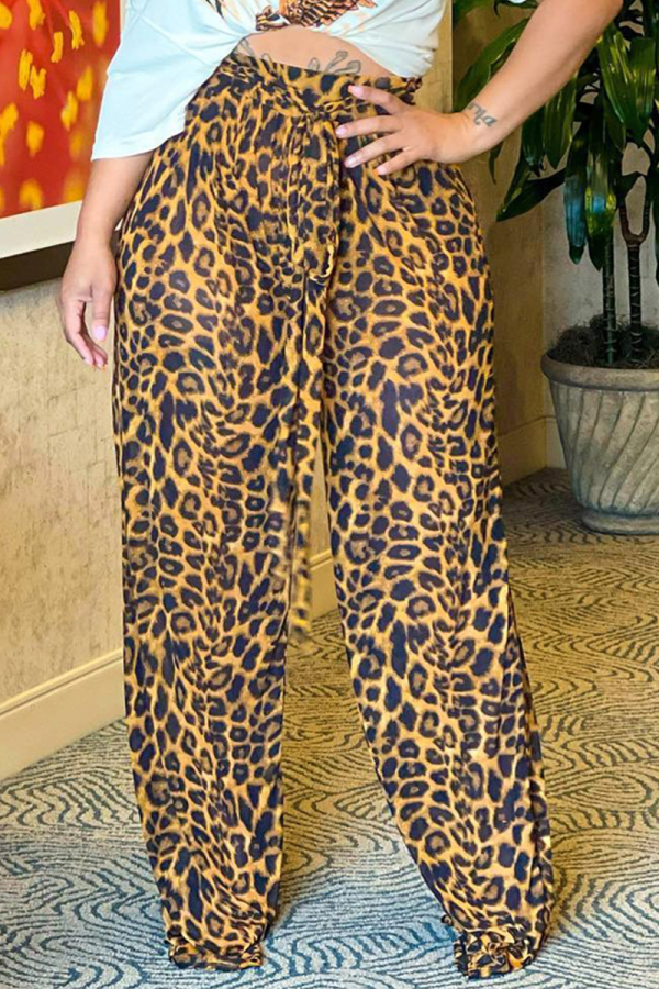 Estampado de leopardo Moda Patchwork de leopardo Suelta Cintura alta Pierna ancha Pantalones con estampado completo