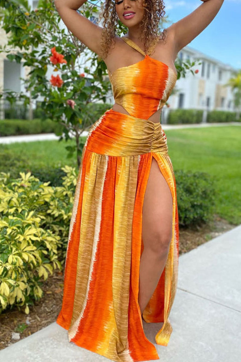 

Orange Sexy Print Split Joint Backless Straight Dresses
