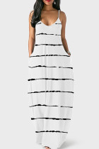 Witte mode gestreepte print backless spaghetti band lange jurk