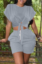 Grey Fashion Casual Solid Bandage O Neck Short Sleeve Two Pieces