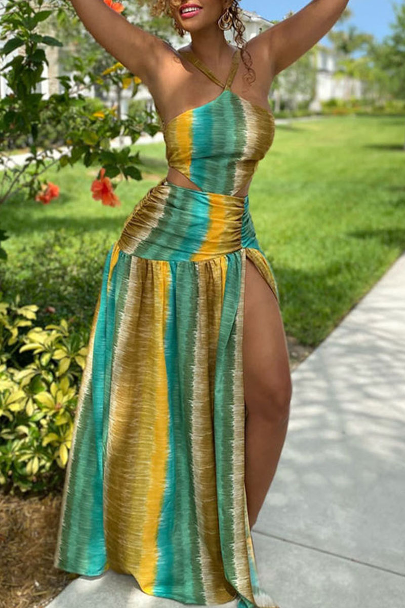 

Green Sexy Print Split Joint Backless Straight Dresses