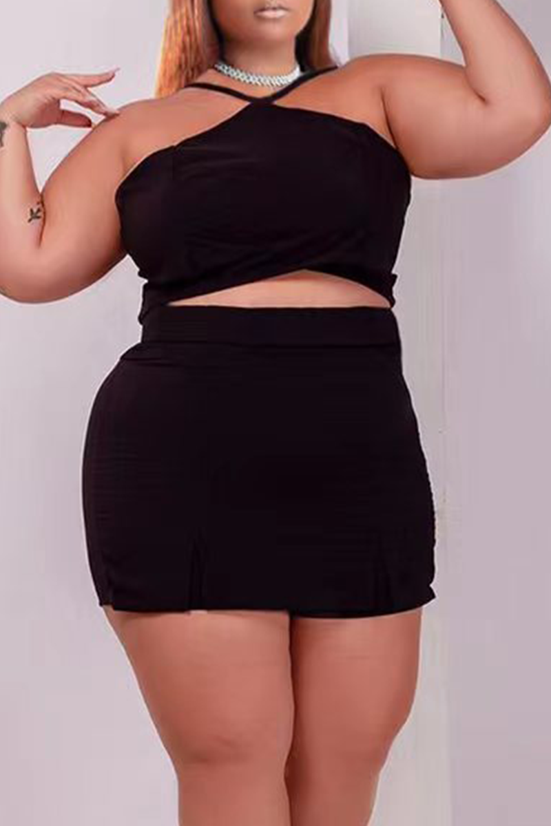 

Black Sexy Solid Fold Halter Plus Size Two Pieces