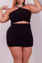 Black Sexy Solid Fold Halter Plus Size Two Pieces
