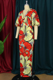 Multicolor Fashion Casual Print Schlitz V-Ausschnitt langes Kleid