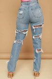 Blaugraue, einfarbige Street-Jeans mit ausgehöhlten Patchwork-Jeans und hoher Taille