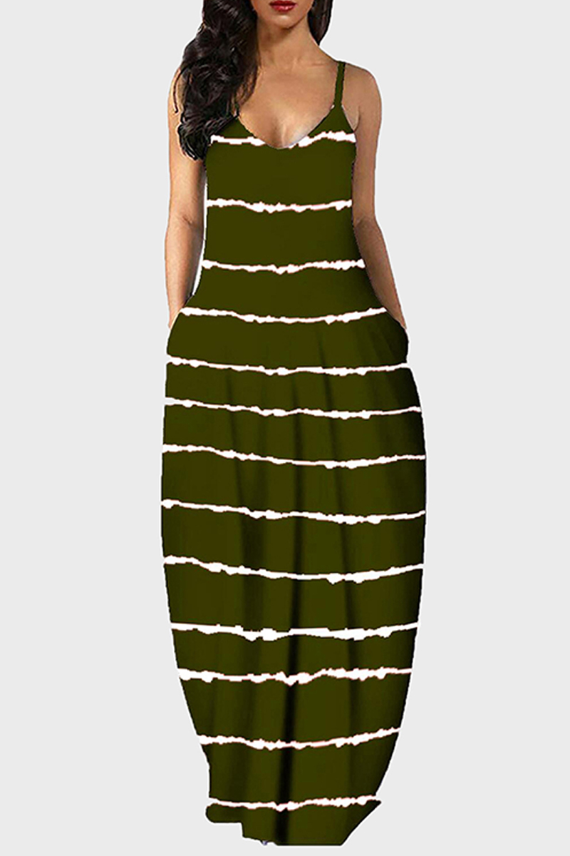 

Army Green Fashion Striped Print Backless Spaghetti Strap Long Dress