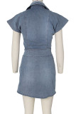 Gray Blue Sexy Street Solid Patchwork Buckle Asymmetrical Sleeveless Two Pieces