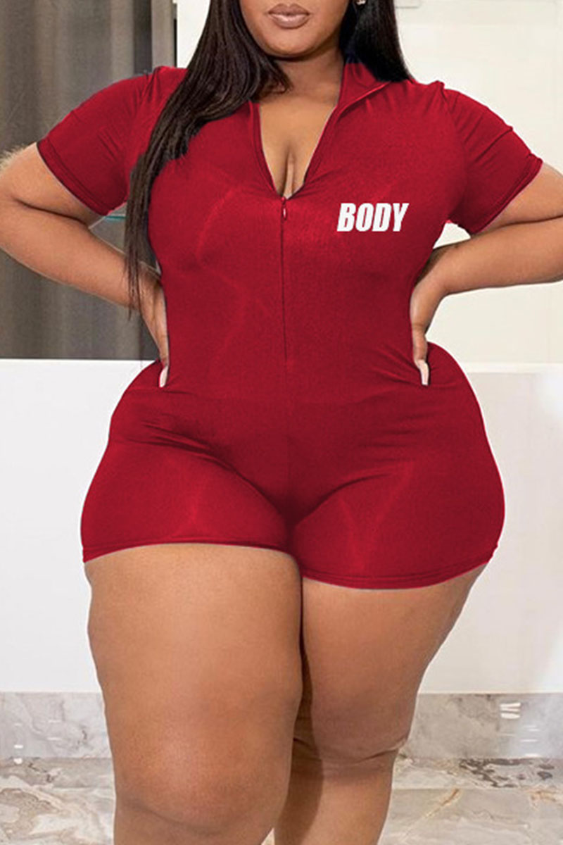

Burgundy Casual Print Split Joint Zipper Collar Plus Size Jumpsuits