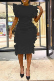 Black Elegant Solid Patchwork Flounce Fold O Neck One Step Skirt Dresses