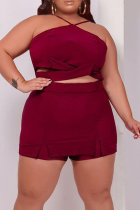 Bourgogne Sexy Solid Fold Halter Plus Size Two Pieces