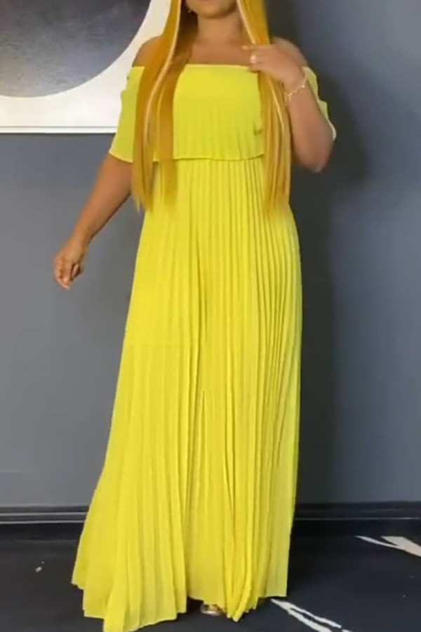 Yellow Casual Solid Split Joint Fold Off the Shoulder Straight Dresses