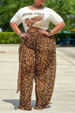 Estampado de leopardo Moda Patchwork de leopardo Suelta Cintura alta Pierna ancha Pantalones con estampado completo