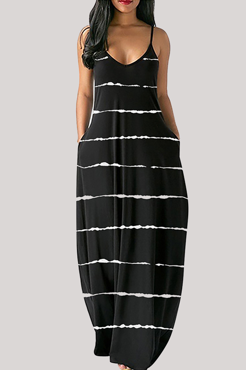 

Black Fashion Striped Print Backless Spaghetti Strap Long Dress