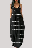 Zwarte mode gestreepte print backless spaghetti band lange jurk