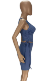 Blue Sportswear Solid Draw String O Neck Sleeveless Two Pieces