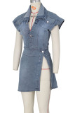 Gray Blue Sexy Street Solid Patchwork Buckle Asymmetrical Sleeveless Two Pieces