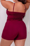 Tangerine Red Sexy Solid Fold Halter Plus Size Two Pieces