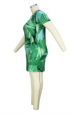 グリーンファッションカジュアルプラスサイズプリントベーシックOネック半袖ワンピース