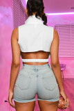 White Sexy Solid Patchwork Backless Asymmetrical Turn-back Collar Tops